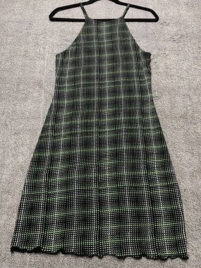 bp Black and Neon Green Plaid Midi Halter Dress with Scalloped Hem